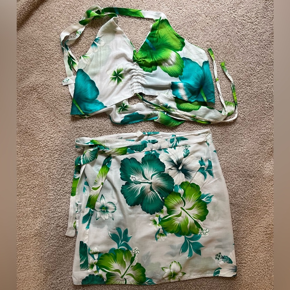 Green Teal Tropical Floral Print Two Piece Set Wrap Skirt & Halter Top One Size